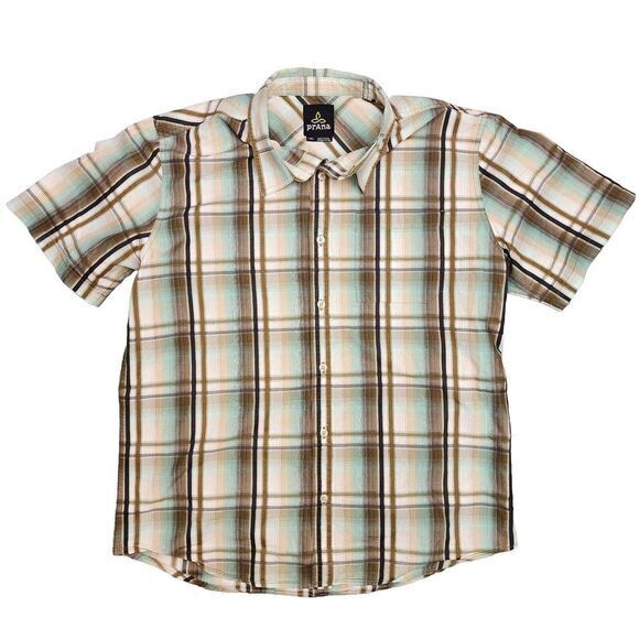 Prana Men's Short Sleeve Large Plaid Shirt Green Pocket Grunge 90's Style Collar - Picture 1 of 10